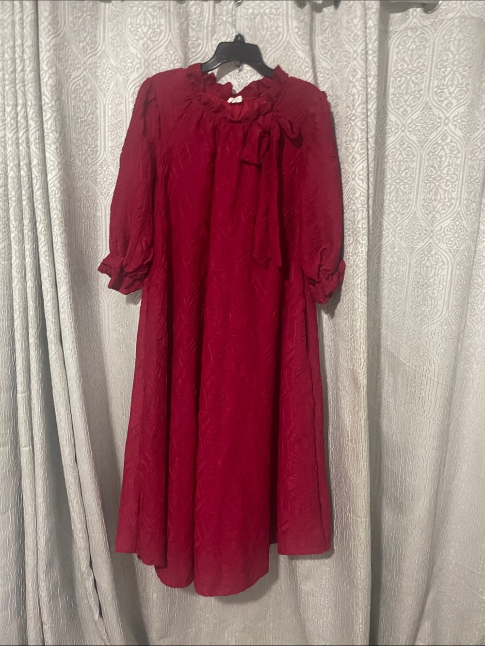 Burgundy Long Sleeve Dress with Neck Tie